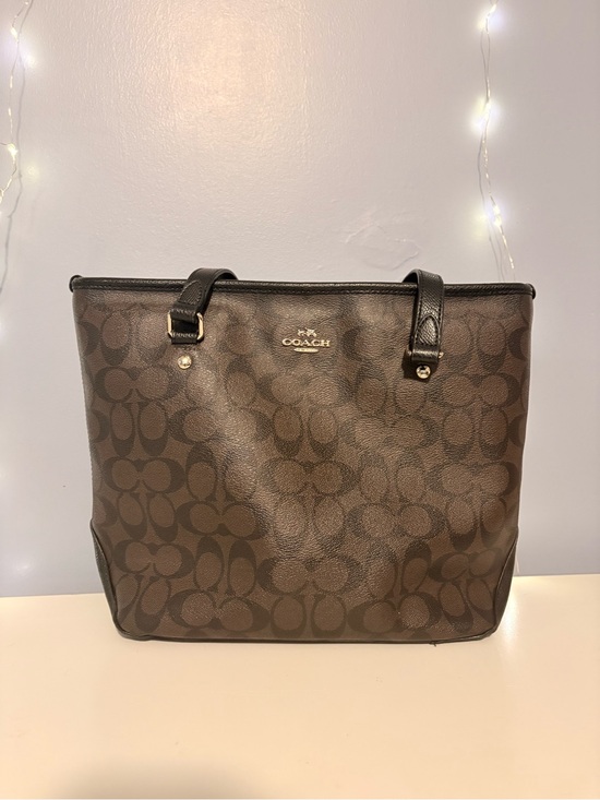 Coach Handbags - Coach Dark Brown Signature Canvas Tote with Black Trim